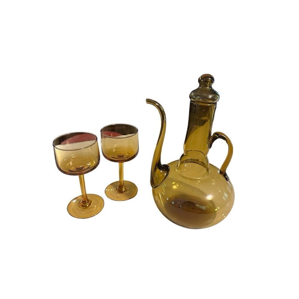 Vintage Cruet Side Spout Amber Glass Decanter  Pitcher Handblown & 2 Glasses MCM